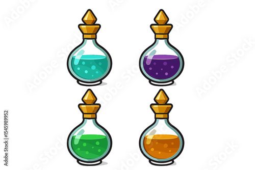 Colorful potion bottles display vibrant liquids with unique designs and decorative tops