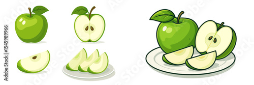 Bright green apples are sliced and displayed on a plate, showcasing their freshness and crispness in a colorful arrangement
