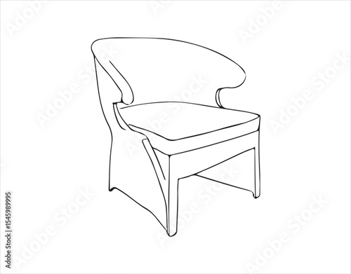 A single line drawing of an armchair. Modern chair illustrated in a linear fashion. Hand-drawn silhouette of interior furniture. Vector illustration.