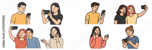 People taking selfies and chatting with smartphones in casual settings with friends or family at home or outdoors