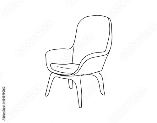 A flowing line drawing of an armchair. A stylish modern chair in a linear approach. Hand-drawn silhouette of furniture for interiors. Vector illustration.