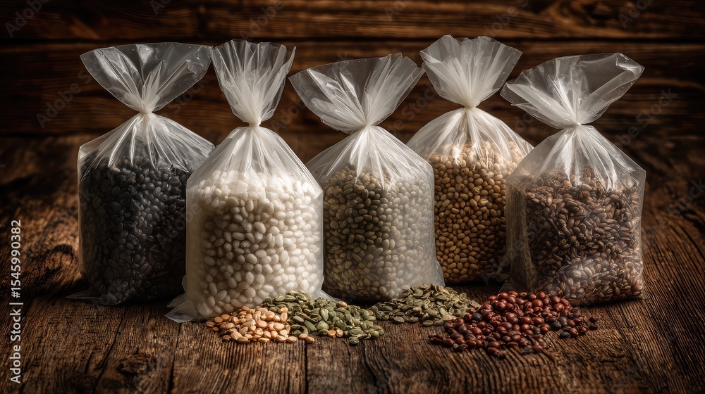 Obraz premium Organic grains sealed in compostable bags on a rustic background of natural wood