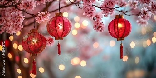 Pink, red, and golden lanterns on Japanese sakura tree for Lunar New Year, with glitter and bokeh lights.