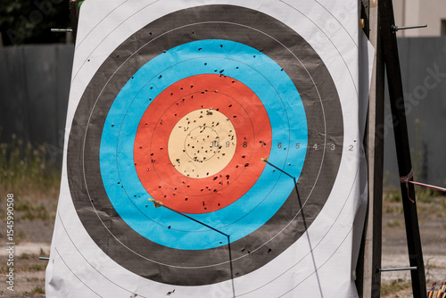Archery Target Practice: Red, Blue, and Black Bullseye Shot with Multiple Arrows Outdoors at Range, Lawn and Grass Background