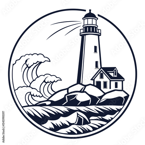 Lighthouse on rocky coast with crashing waves illustration