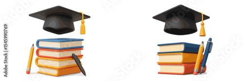 Graduation caps and books symbolize academic achievement in a vibrant educational setting