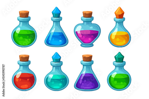 Colorful potions in various shapes filled with vibrant liquids arranged on a white background