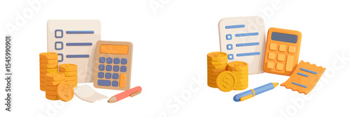 Colorful calculator and coins on a workspace illustrating budgeting and financial planning during office hours
