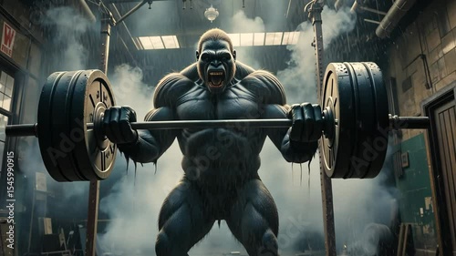 Powerful gorilla lifting heavy barbell inside industrial gym with intense light beams. Concept of strength and determination