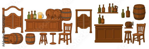 Wooden pub interior elements including barrels, bottles, and bar furniture in classic style