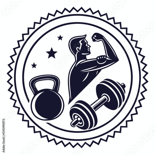 Strongman fitness emblem with kettlebell dumbbell and bicep