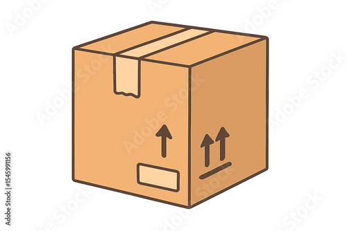 Brown cardboard box with shipping arrows on its sides sits on a plain background in a simple, minimalist design