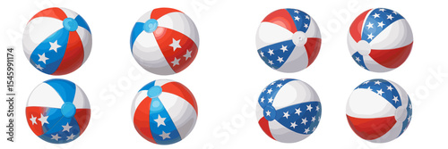 Colorful beach balls arranged in a playful pattern at a summer gathering in a sunny park