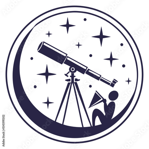 Night sky observation astronomer with telescope and crescent moon