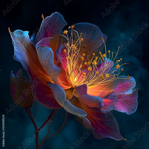 Glowing flower blooms on a dark background, captivating with vibrant colors and delicate details, creating a surreal and magical atmosphere .