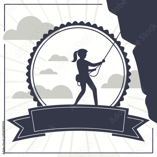 Silhouette of a female climber ascending a rock face