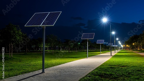Nighttime park pathway illuminated by solar powered LED lights green lawns and trees