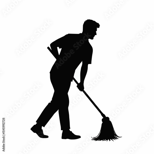 Silhouette of a cleaning man with broom. Great for home cleaning services, janitorial duties, hygiene and sanitation-related visuals.