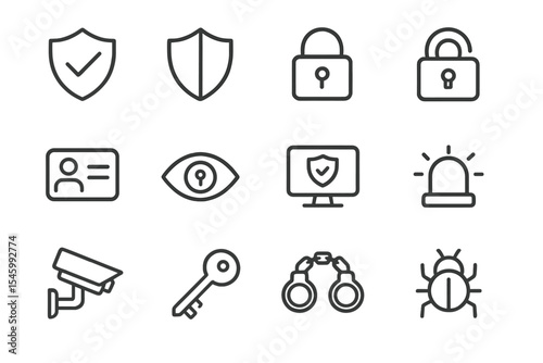 Security icons showcasing protection, surveillance, and safety measures for various applications