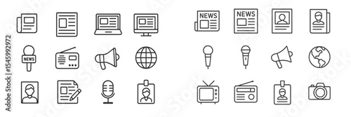 Graphic symbols representing various media types including print, broadcast, and online news platforms