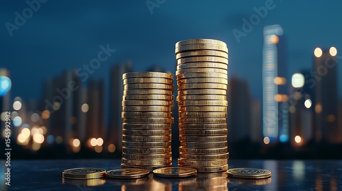 Two stacks of gold coins against a blurred city nightscape Several additional coins are scattered in the foreground