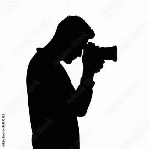 Side profile silhouette of a camera photographer focusing. Suitable for visual artist, content creation, photo shoot scenes, and DSLR equipment ads.