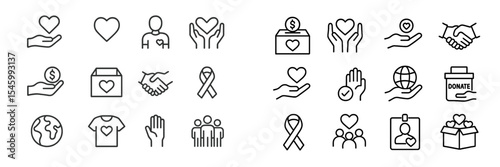 Various heart symbols and donation icons representing love, support, and community engagement for charitable causes