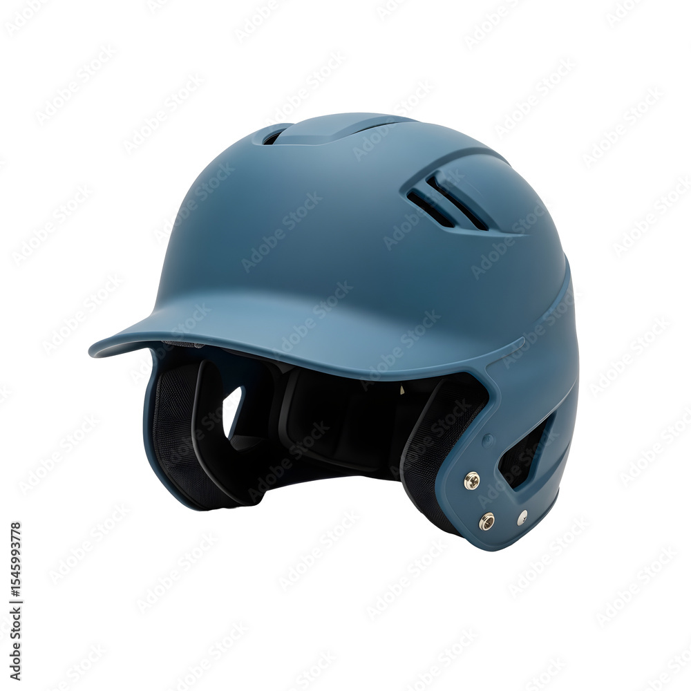 Fototapeta premium A blue sports helmet with ventilation holes and a visor. The helmet is designed for safety in sports activities. It has a matte finish and is displayed on a transparent background.