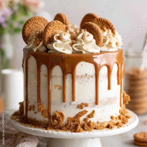 Delicious layered cake with creamy frosting, caramel drizzle, and cookie toppings, perfect for celebrations