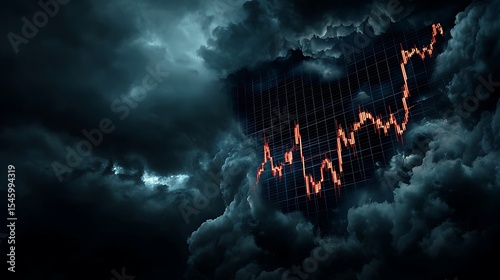Stock market chart graphic overlaid on dark stormy clouds Candlestick chart shows price fluctuations
