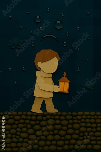 Night Journey – Paper Cut Boy with Lantern in the Dark
