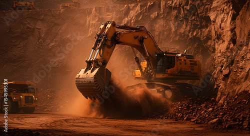 A powerful mining excavator digs into a rock face, kicking up dust in an industrial display of power.