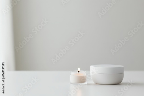 Simple scene of candle and cream jar on a white surface.