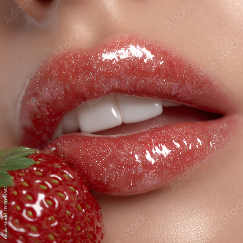 glossy red lips with fresh strawberry macro beauty cosmetics lipgloss sensual