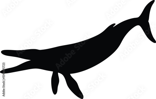 Aquatic Mosasaurus Silhouette: A Powerful Outline of the Giant Marine Reptile Gliding Through Water, Ideal for Deep-Sea Prehistoric Themes or Aquatic Life Displays on White Canvas.