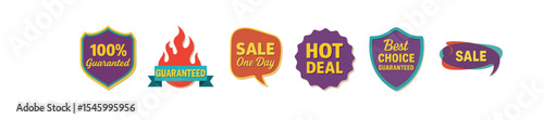 Collection of Six Retro-Style Sale Badges and Labels, Featuring Hot Deals, Guaranteed Best Choice
