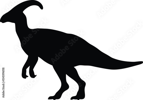 Crested Parasaurolophus Silhouette: A Distinctive Profile of the Duck-Billed Dinosaur with its Unique Head Crest, Great for Illustrating Communication in Ancient Herds on White.