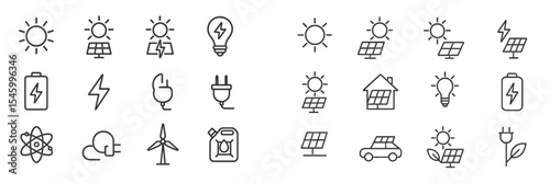 Line icons representing various aspects of renewable energy, including solar, wind, and electric power sources for sustainable living