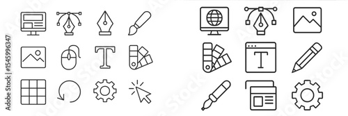 Graphic design icons representing various tools and elements used in digital creativity