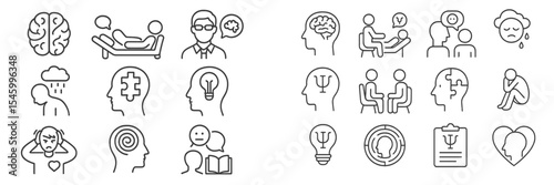 Illustrations of mental health concepts including therapy, emotions, and psychology in a simple line art style