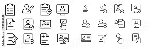 Collection of simple line icons representing various administrative and record-keeping activities in a modern workspace