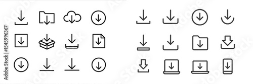 Collection of download icons featuring various formats, actions, and styles in a minimalistic design for digital usage