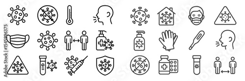 Visual representation of health and safety measures during pandemic, highlighting various related symbols and icons in black and white
