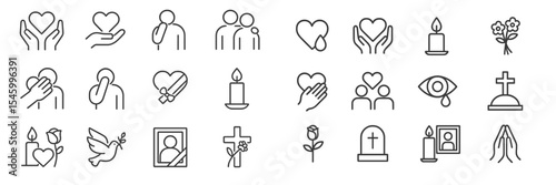 Collection of line art symbols representing love, remembrance, and spirituality in a minimalistic style
