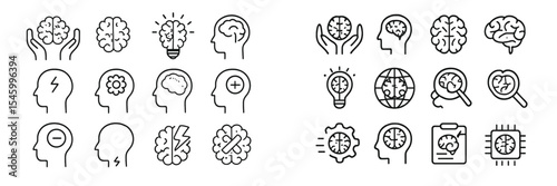 Icon collection illustrating brain concepts, creativity, and cognitive processes in minimalist line art design