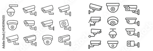 Various types of security cameras for surveillance in urban settings displayed in a clean, minimalist design