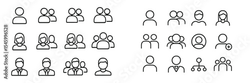 Diverse group of people represented in simple line icons illustrating various social interactions and roles within a community
