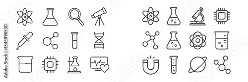Collection of line art science icons featuring laboratory equipment and molecular structures for educational use