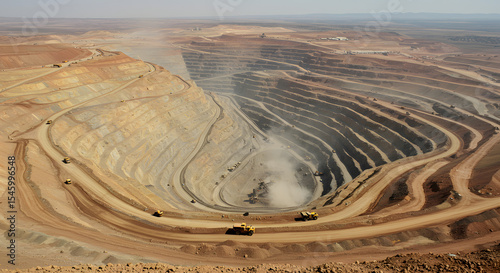 A vast, wide aerial shot of an open-pit copper mine with terraced benches and heavy machinery at work.