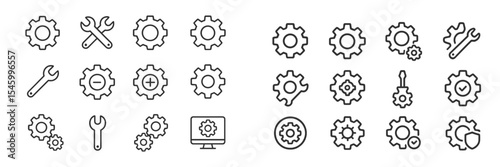 Set of outline icons representing tools and gears for mechanical and technical applications in a modern design style